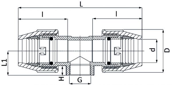 UNIDELTA Klemmverbinder T-Stück mit Innengewinde 50 x 11/4" x 50 DeltOne Technische Zeichnung