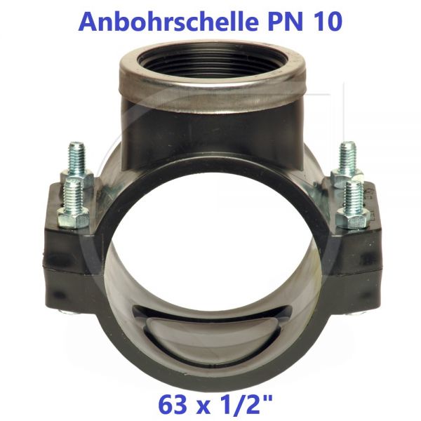 Schwarze Anbohrschelle mit Verstärkung (PN10) 63 x 1/2" Innengewinde