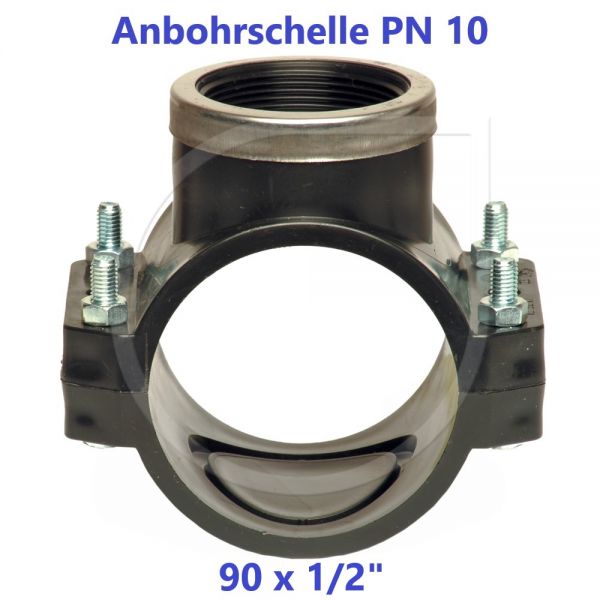 Schwarze Anbohrschelle mit Verstärkung (PN10) 90 x 1/2" Innengewinde